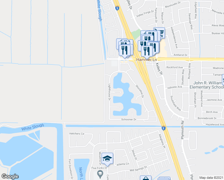 map of restaurants, bars, coffee shops, grocery stores, and more near 7424 Lighthouse Drive in Stockton