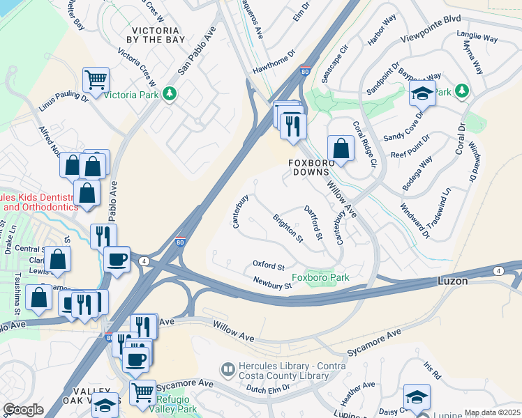 map of restaurants, bars, coffee shops, grocery stores, and more near 283 Brighton Street in Hercules