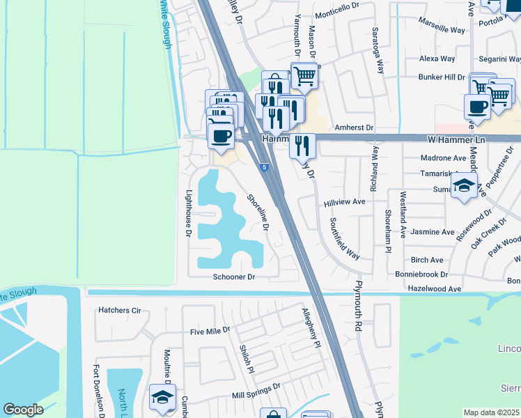 map of restaurants, bars, coffee shops, grocery stores, and more near 7474 Shoreline Drive in Stockton