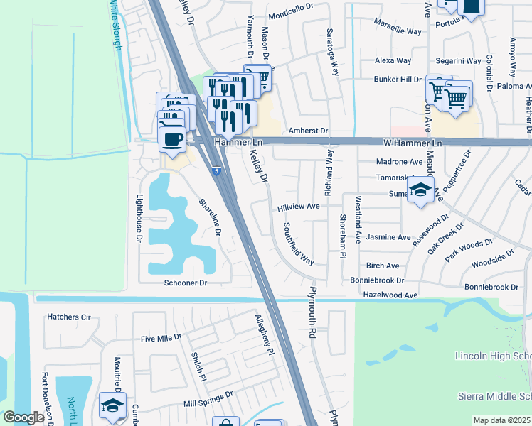 map of restaurants, bars, coffee shops, grocery stores, and more near 7439 Kelley Drive in Stockton