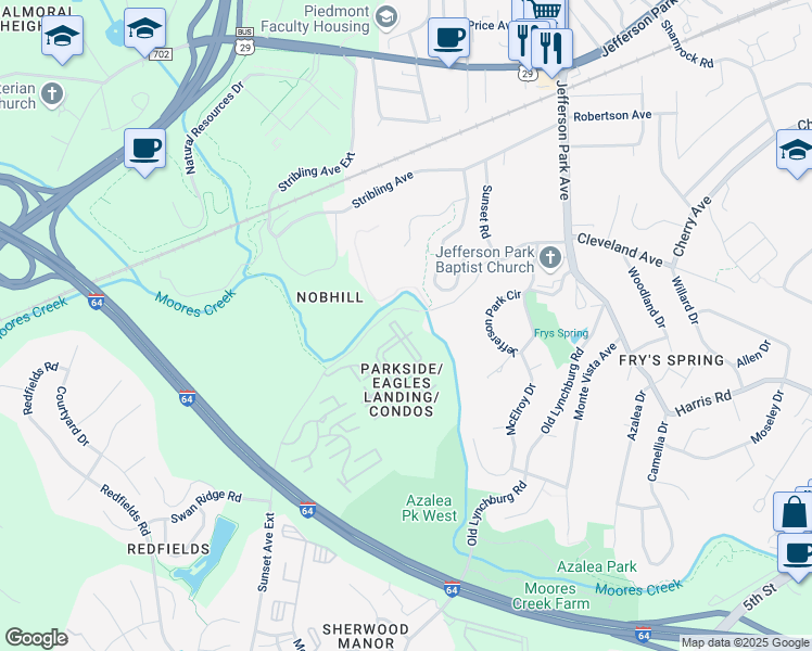 map of restaurants, bars, coffee shops, grocery stores, and more near 177 Yellowstone Drive in Charlottesville