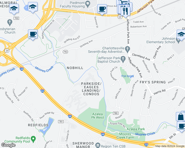 map of restaurants, bars, coffee shops, grocery stores, and more near 177 Yellowstone Drive in Charlottesville