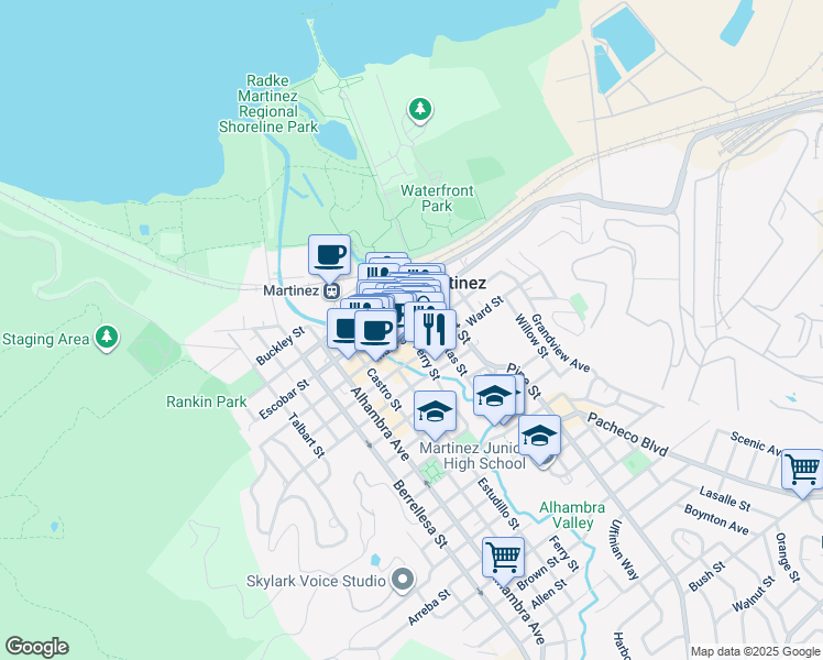 map of restaurants, bars, coffee shops, grocery stores, and more near 801 Main Street in Martinez