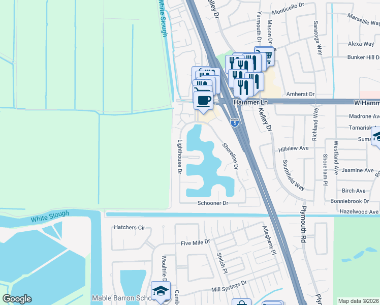 map of restaurants, bars, coffee shops, grocery stores, and more near 7388 Lighthouse Drive in Stockton