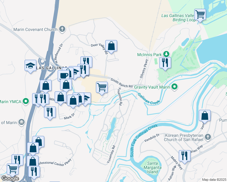 map of restaurants, bars, coffee shops, grocery stores, and more near 11 Wharf Circle in San Rafael