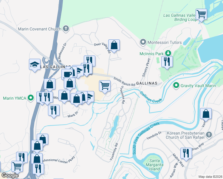 map of restaurants, bars, coffee shops, grocery stores, and more near 11 Wharf Circle in San Rafael