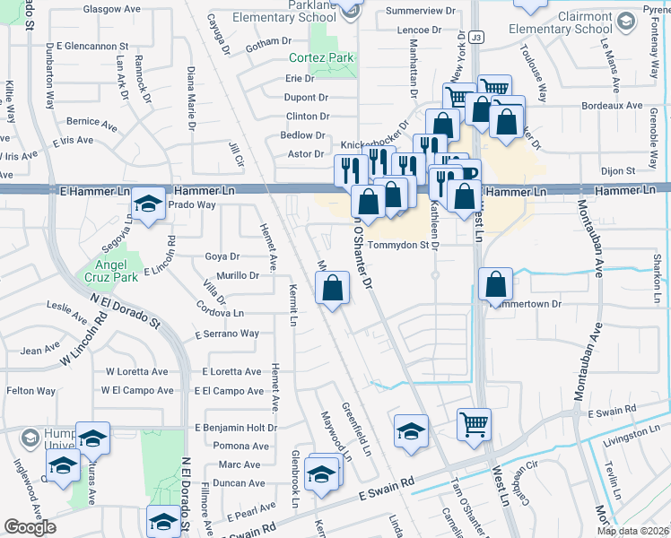 map of restaurants, bars, coffee shops, grocery stores, and more near 7475 Murray Drive in Stockton