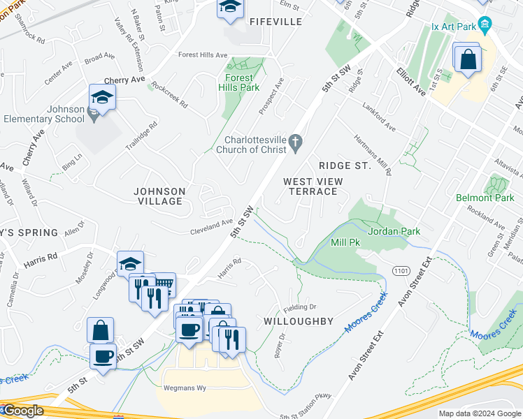 map of restaurants, bars, coffee shops, grocery stores, and more near 144 Brookwood Drive in Charlottesville