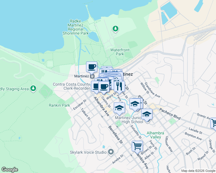 map of restaurants, bars, coffee shops, grocery stores, and more near 724 Main Street in Martinez