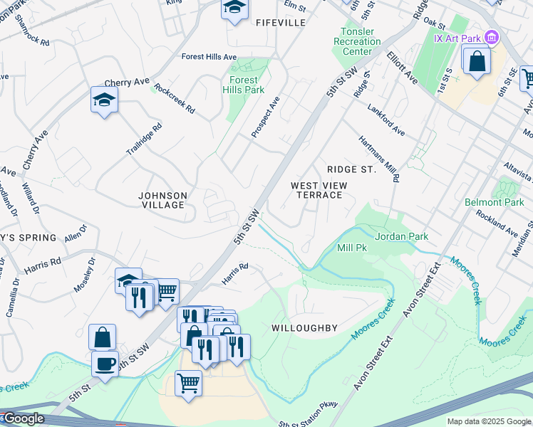map of restaurants, bars, coffee shops, grocery stores, and more near 144 Brookwood Drive in Charlottesville