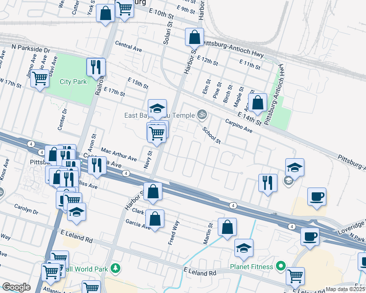 map of restaurants, bars, coffee shops, grocery stores, and more near 1949 Plymouth Drive in Pittsburg