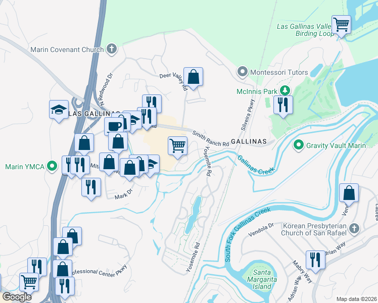 map of restaurants, bars, coffee shops, grocery stores, and more near 11 Wharf Circle in San Rafael