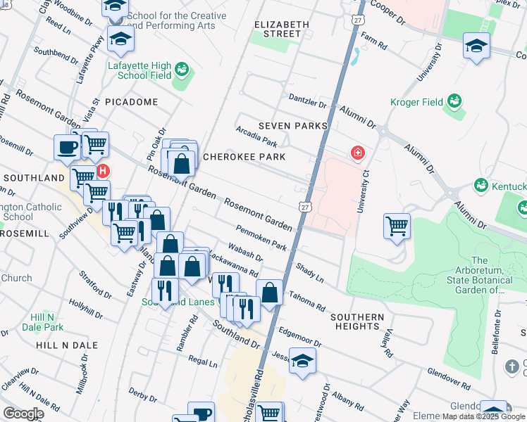 map of restaurants, bars, coffee shops, grocery stores, and more near 140 Rosemont Garden in Lexington