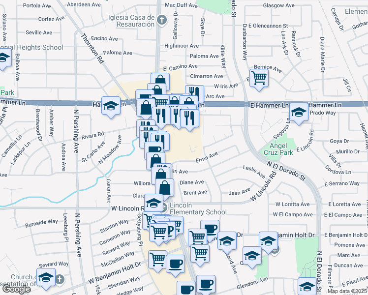map of restaurants, bars, coffee shops, grocery stores, and more near 701 Erma Avenue in Stockton