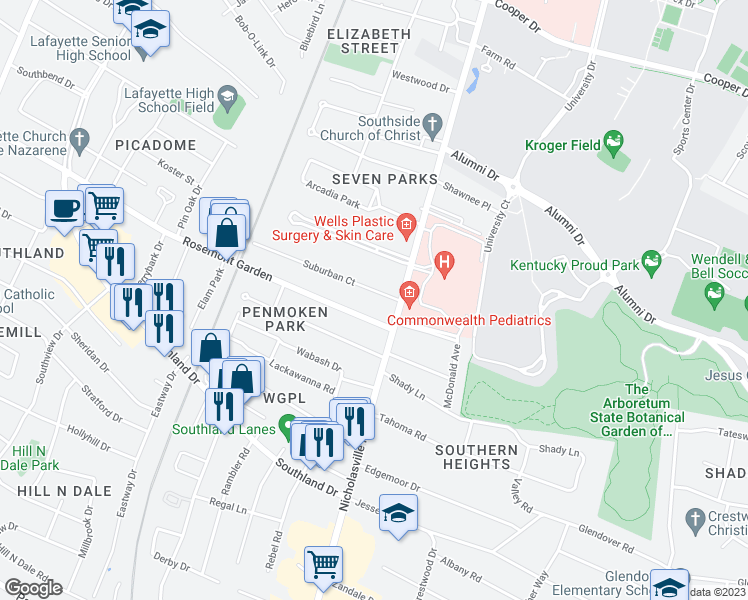 map of restaurants, bars, coffee shops, grocery stores, and more near 121 Rosemont Garden in Lexington