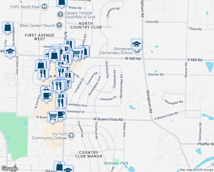 map of restaurants, bars, coffee shops, grocery stores, and more near 4306 Chadwick Road in Evansville