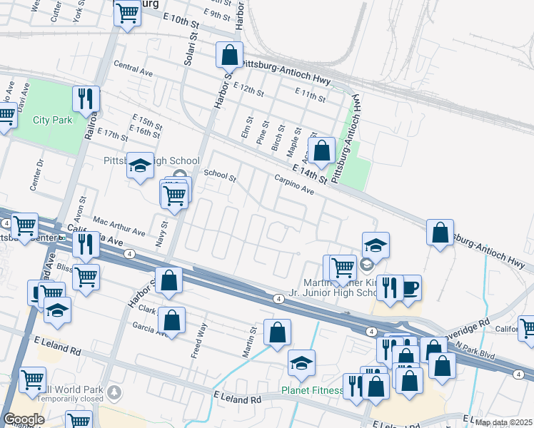 map of restaurants, bars, coffee shops, grocery stores, and more near 652 School Street in Pittsburg