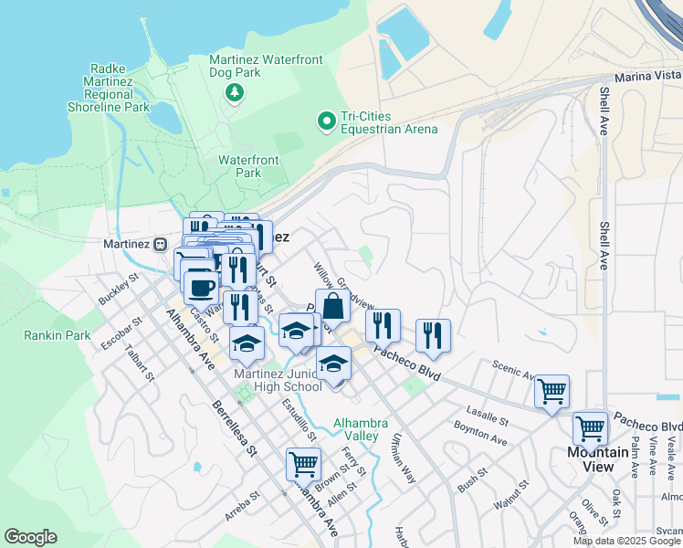 map of restaurants, bars, coffee shops, grocery stores, and more near 1003 Grandview Avenue in Martinez