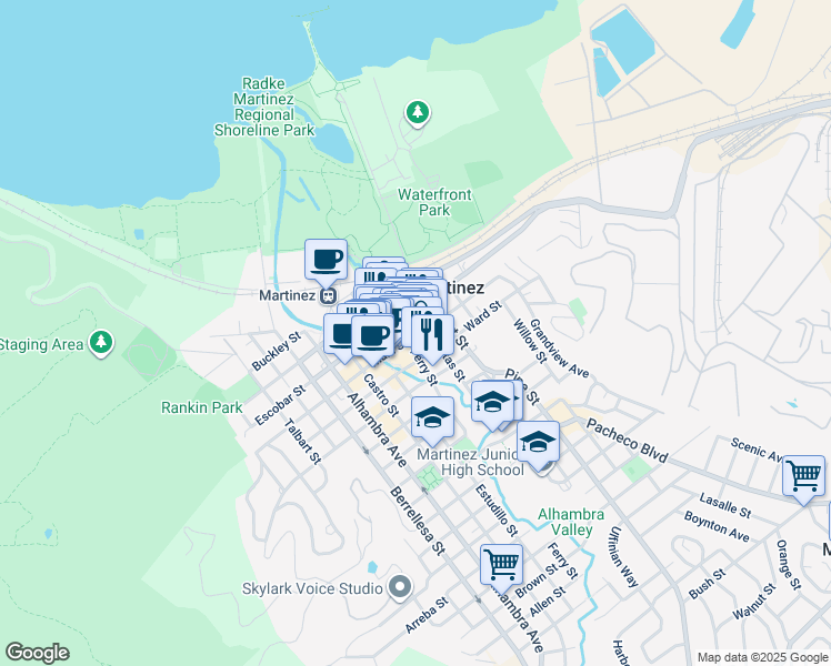 map of restaurants, bars, coffee shops, grocery stores, and more near 815 Main Street in Martinez