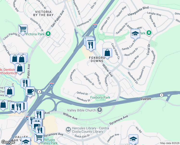 map of restaurants, bars, coffee shops, grocery stores, and more near 256 Dartford Street in Hercules