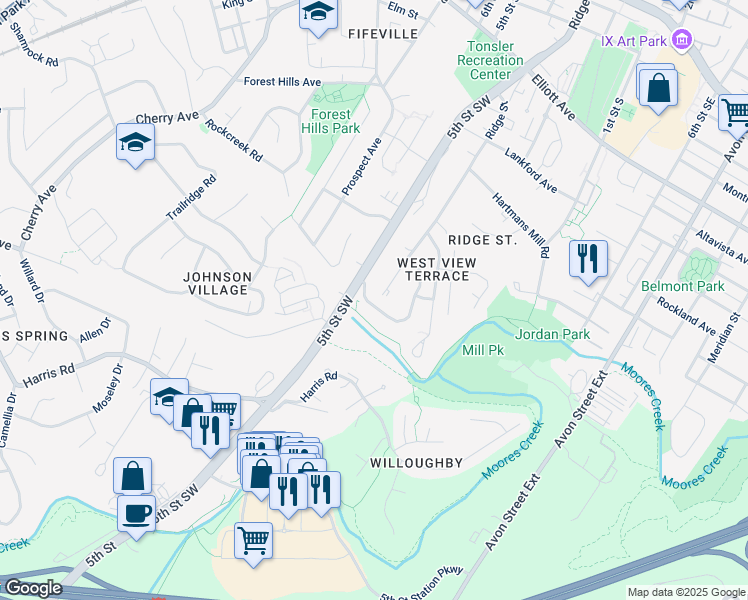 map of restaurants, bars, coffee shops, grocery stores, and more near 151 Brookwood Drive in Charlottesville