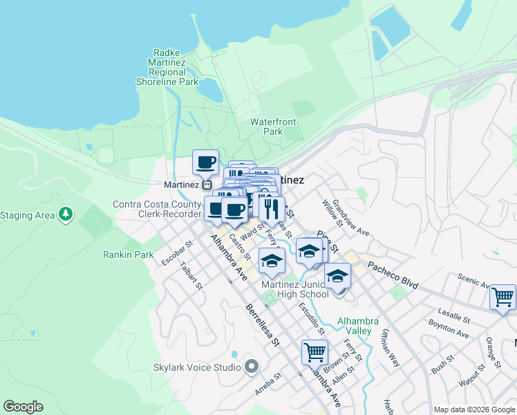 map of restaurants, bars, coffee shops, grocery stores, and more near 724 Main Street in Martinez