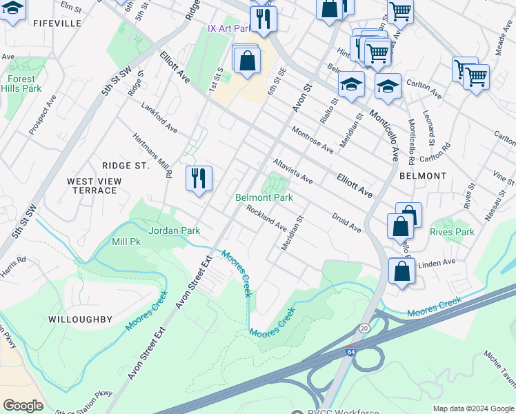 map of restaurants, bars, coffee shops, grocery stores, and more near 712 Rockland Avenue in Charlottesville