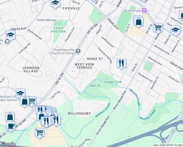 map of restaurants, bars, coffee shops, grocery stores, and more near 920 Woodfolk Drive in Charlottesville