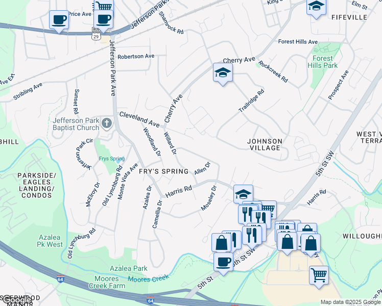 map of restaurants, bars, coffee shops, grocery stores, and more near 414 Moseley Drive in Charlottesville