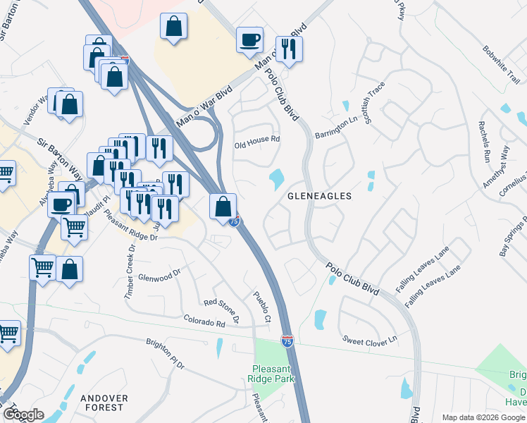 map of restaurants, bars, coffee shops, grocery stores, and more near 2093 Shaker Run Road in Lexington