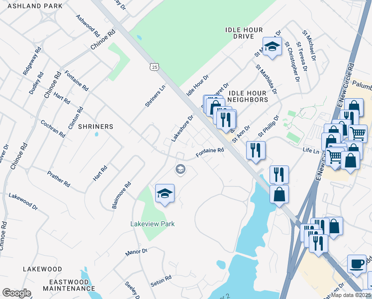 map of restaurants, bars, coffee shops, grocery stores, and more near 2101 Fontaine Road in Lexington