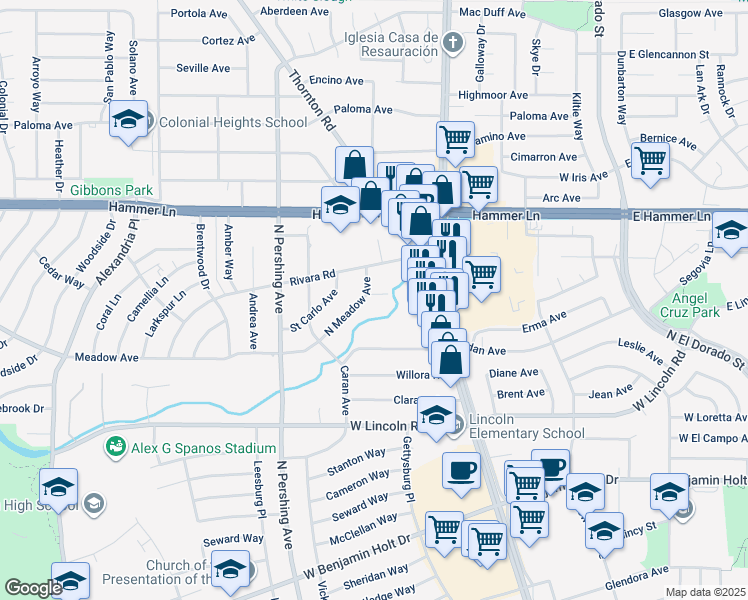 map of restaurants, bars, coffee shops, grocery stores, and more near 1032 Leaf Avenue in Stockton