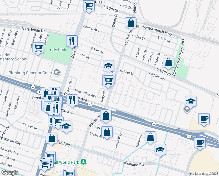 map of restaurants, bars, coffee shops, grocery stores, and more near 1996 Harbor Street in Pittsburg