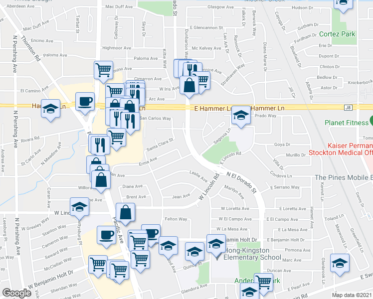 map of restaurants, bars, coffee shops, grocery stores, and more near 7413 North El Dorado Street in Stockton