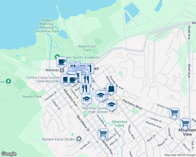 map of restaurants, bars, coffee shops, grocery stores, and more near 1020 Ward Street in Martinez