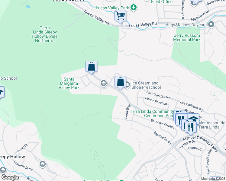 map of restaurants, bars, coffee shops, grocery stores, and more near 855 Del Ganado Road in San Rafael