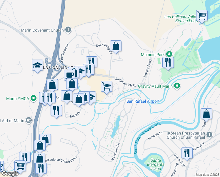 map of restaurants, bars, coffee shops, grocery stores, and more near 11 Wharf Circle in San Rafael