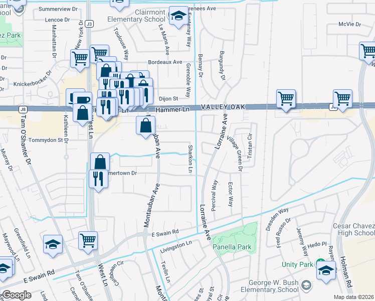 map of restaurants, bars, coffee shops, grocery stores, and more near 2155 Sharkon Court in Stockton