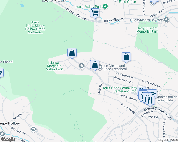 map of restaurants, bars, coffee shops, grocery stores, and more near 855 Del Ganado Road in San Rafael