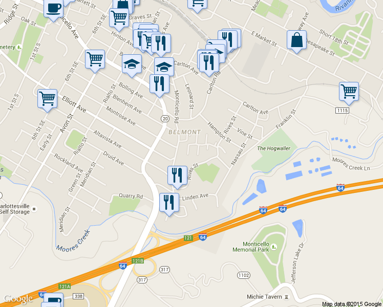 map of restaurants, bars, coffee shops, grocery stores, and more near 1506 Monticello Road in Charlottesville