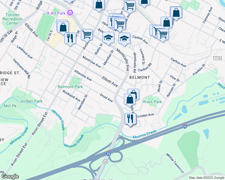 map of restaurants, bars, coffee shops, grocery stores, and more near 1101 Altavista Avenue in Charlottesville