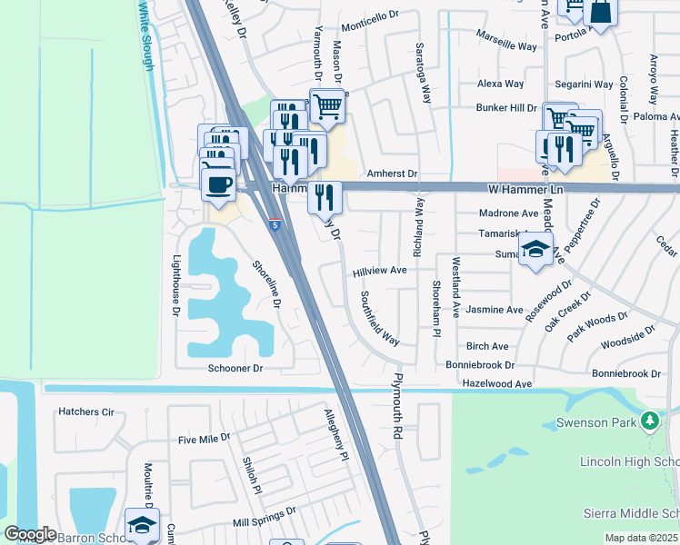 map of restaurants, bars, coffee shops, grocery stores, and more near 7515 Kelley Drive in Stockton