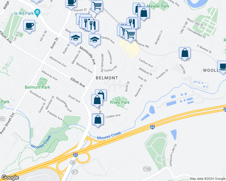 map of restaurants, bars, coffee shops, grocery stores, and more near 116 Danbury Court in Charlottesville