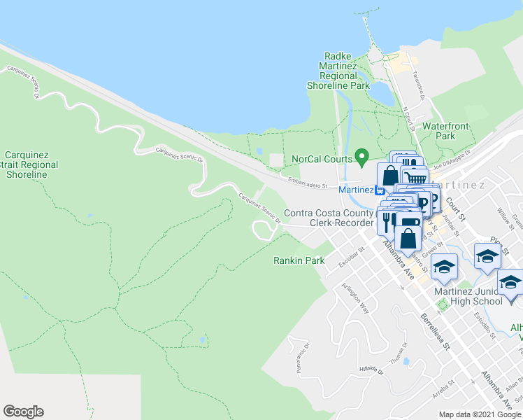 map of restaurants, bars, coffee shops, grocery stores, and more near 1652 Carquinez Scenic Drive in Martinez