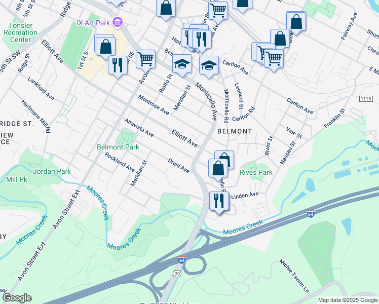 map of restaurants, bars, coffee shops, grocery stores, and more near 1101 Altavista Avenue in Charlottesville