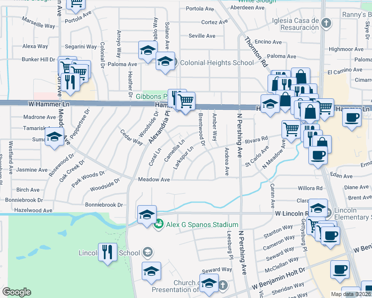 map of restaurants, bars, coffee shops, grocery stores, and more near 7418 Larkspur Lane in Stockton