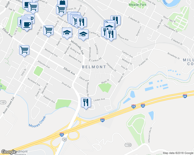 map of restaurants, bars, coffee shops, grocery stores, and more near 115 Hartford Court in Charlottesville
