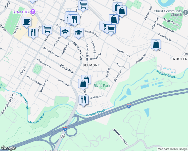map of restaurants, bars, coffee shops, grocery stores, and more near 1506 Monticello Road in Charlottesville