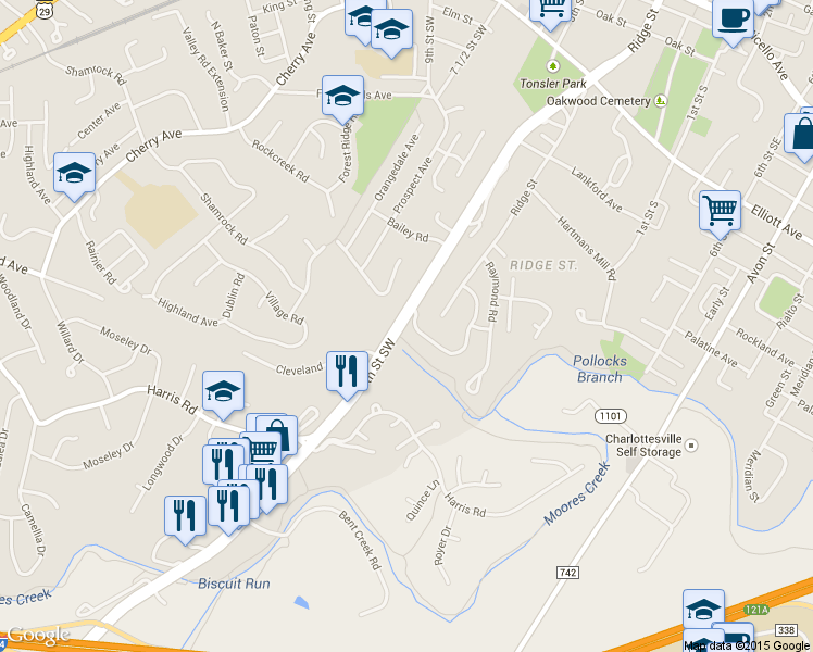 map of restaurants, bars, coffee shops, grocery stores, and more near 1050 5th Street Southwest in Charlottesville