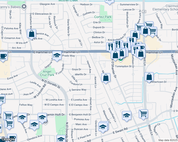 map of restaurants, bars, coffee shops, grocery stores, and more near 482 Murillo Drive in Stockton